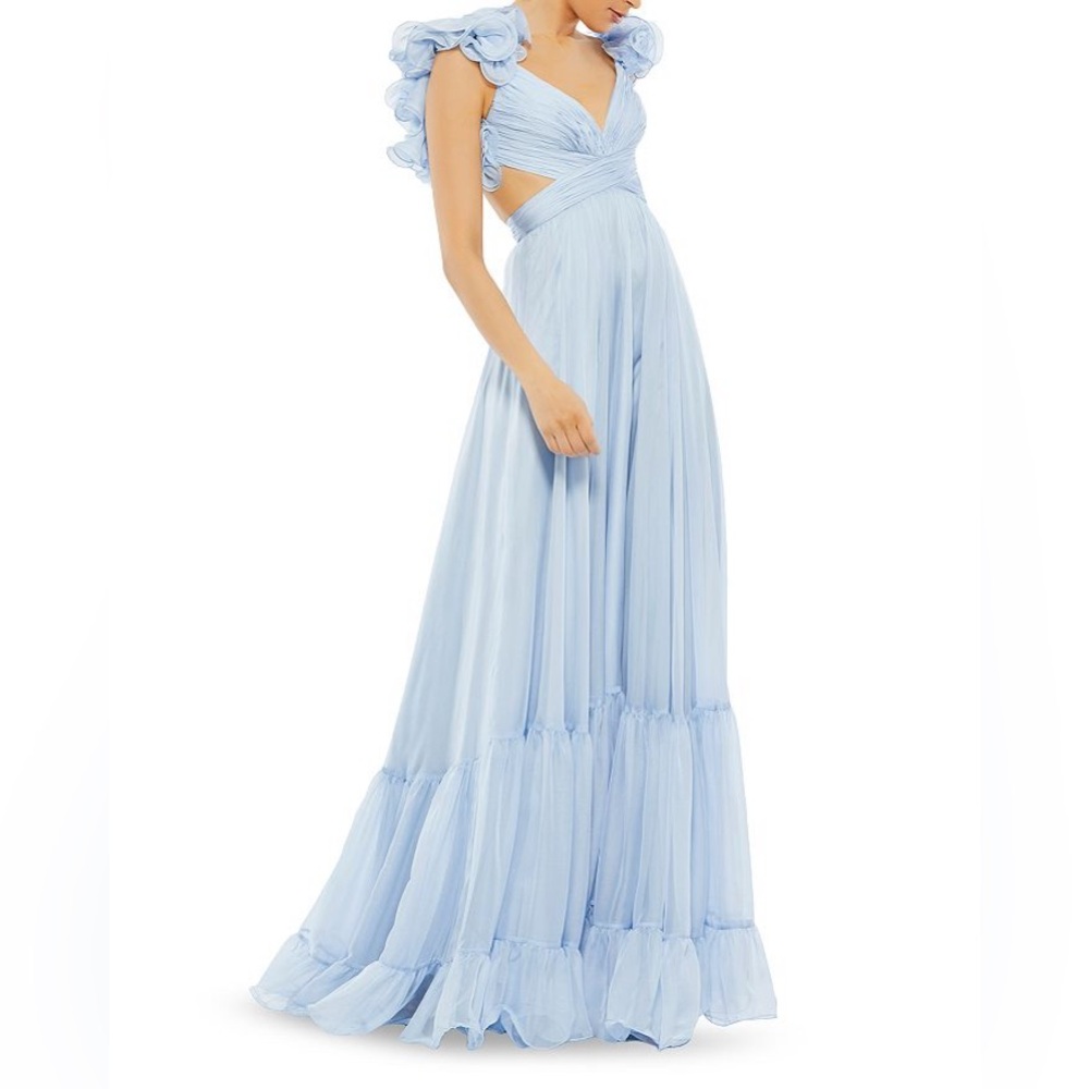 MAC DUGGAL RUFFLE TIERED CUT-OUT CHIFFON GOWN